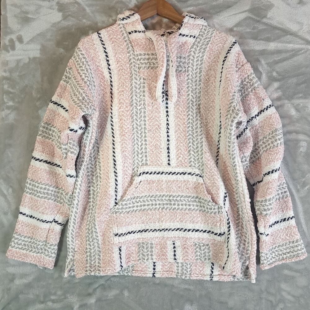 Earth Ragz Baja Hoodie Striped Pink Black Small Pullover Kangaroo Pocket Mexico